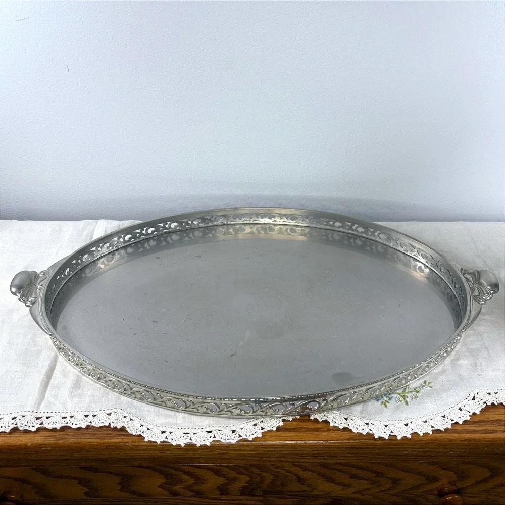 Vintage Royal Holland Pewter Coffee Set with Wood Accents and Gallery Tray